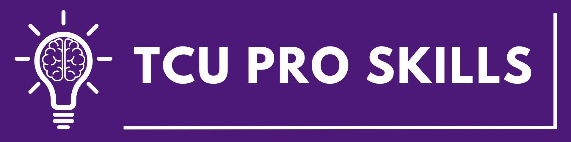 TCU Pro Skills logo featuring a white light bulb with a brain inside it to the left of the words “TCU Pro Skills” in bold white letters on a purple background.